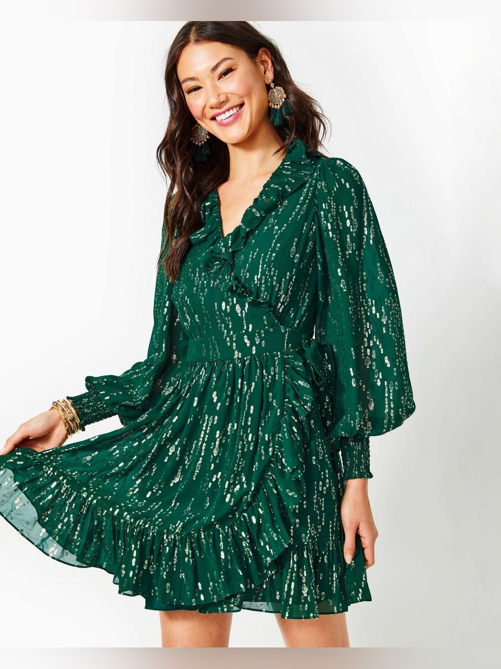 Lilly Pulitzer $328 Birdy Long Sleeve Silk Wrap Dress Evergreen Chiffon 4 Mini